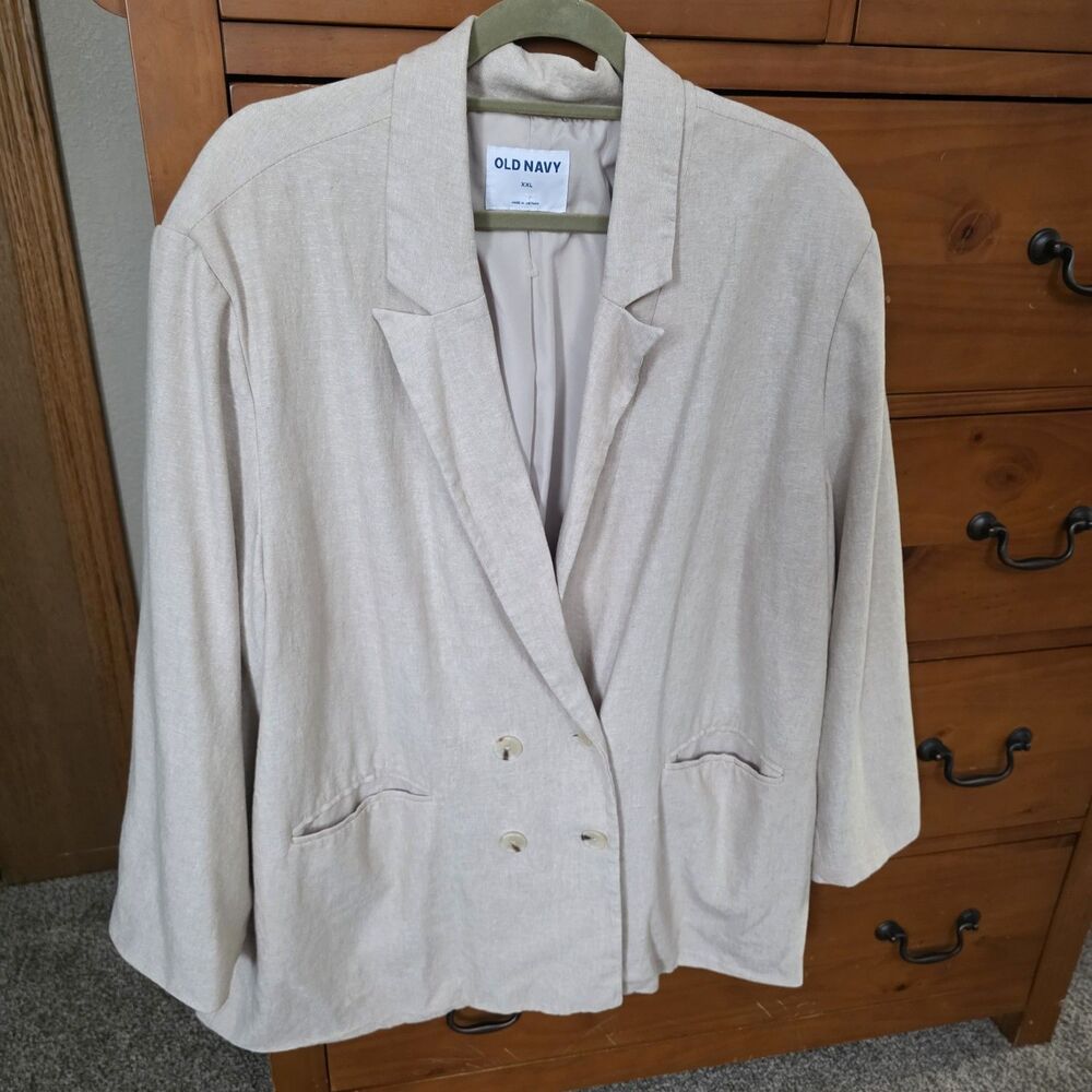 Old Navy Linen Blend Blazer Size XXL 3/4 Sleeves Beige Pockets Lined Office